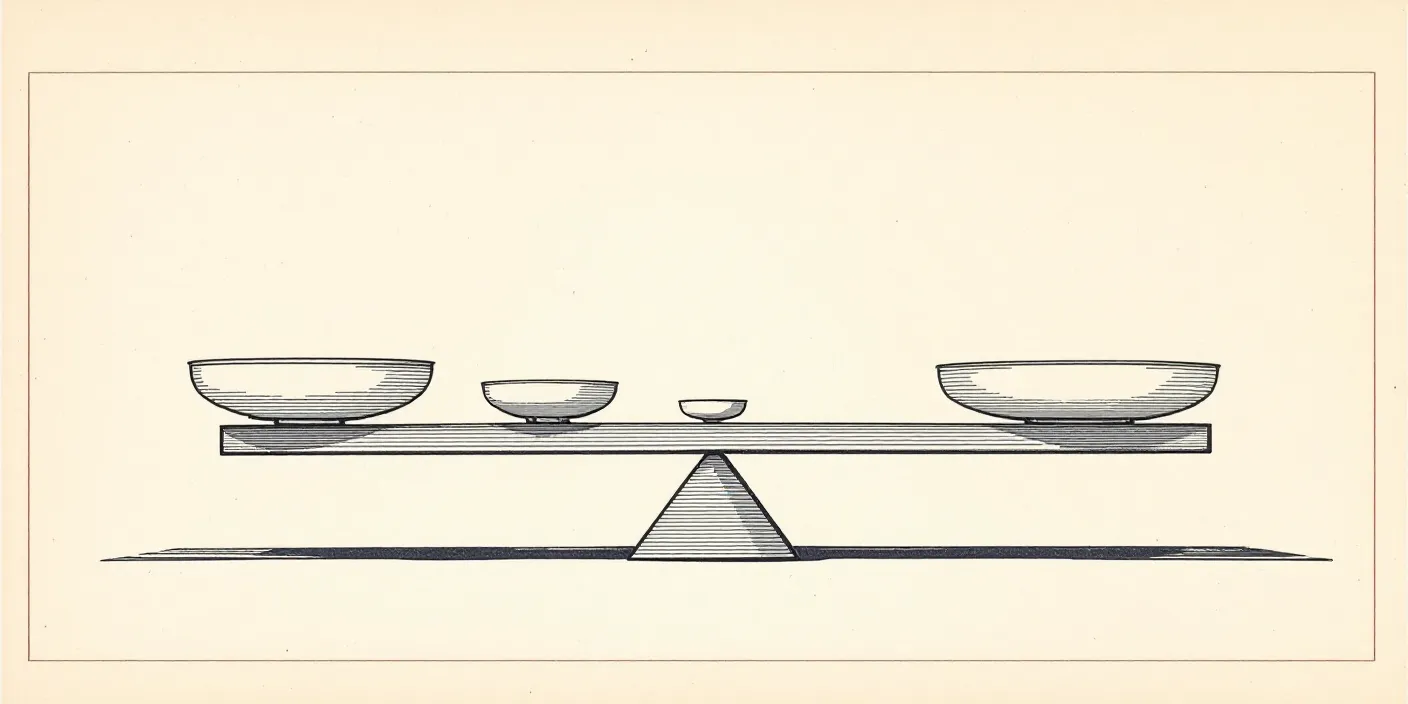 Vintage editorial illustration of a four-pan weighted balance representing the four-sub-score methodology